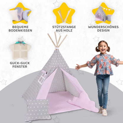Tipi Spielzelt Grauer Stern | Kinderzelt mit Sternenmuster – Rainbow Kids