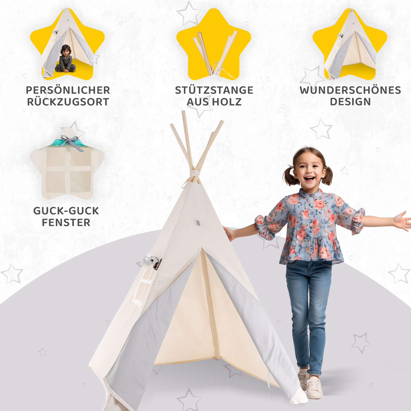 Tipi Spielzelt Grauer Wolf | Kinderzelt aus Baumwolle – Rainbow Kids