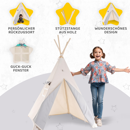 Tipi Spielzelt Grauer Wolf | Kinderzelt aus Baumwolle – Rainbow Kids