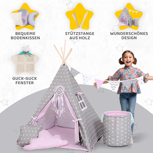 Tipi Spielzelt Grauer Stern | Kinderzelt mit Sternenmuster – Rainbow Kids