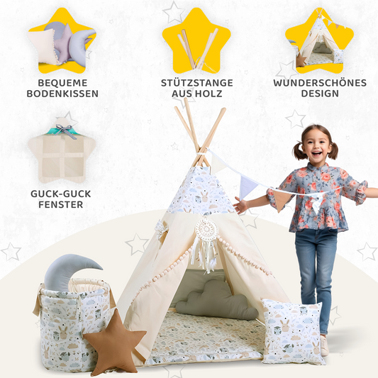 Tipi Spielzelt Eulchen & Hasi | Kinderzelt mit Eulen & Hasen – Rainbow Kids