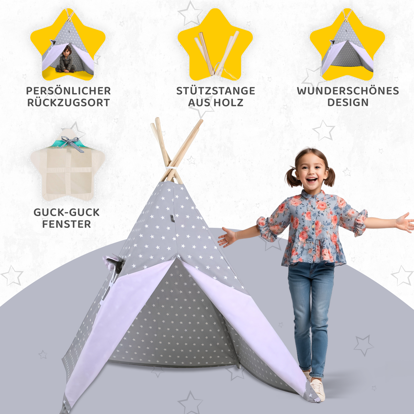 Tipi Spielzelt Grauer Stern | Kinderzelt mit Sternenmuster – Rainbow Kids