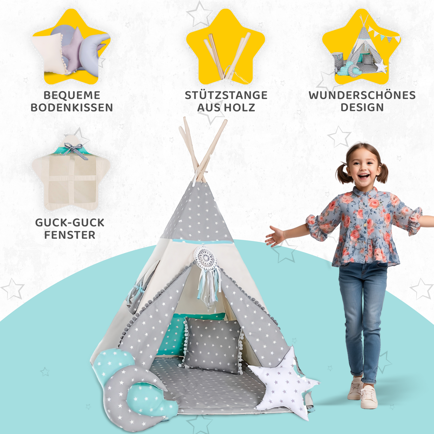 Tipi Spielzelt Wolfstern Grau | Kinderzelt mit Stern & Wolf Motiv – Rainbow Kids