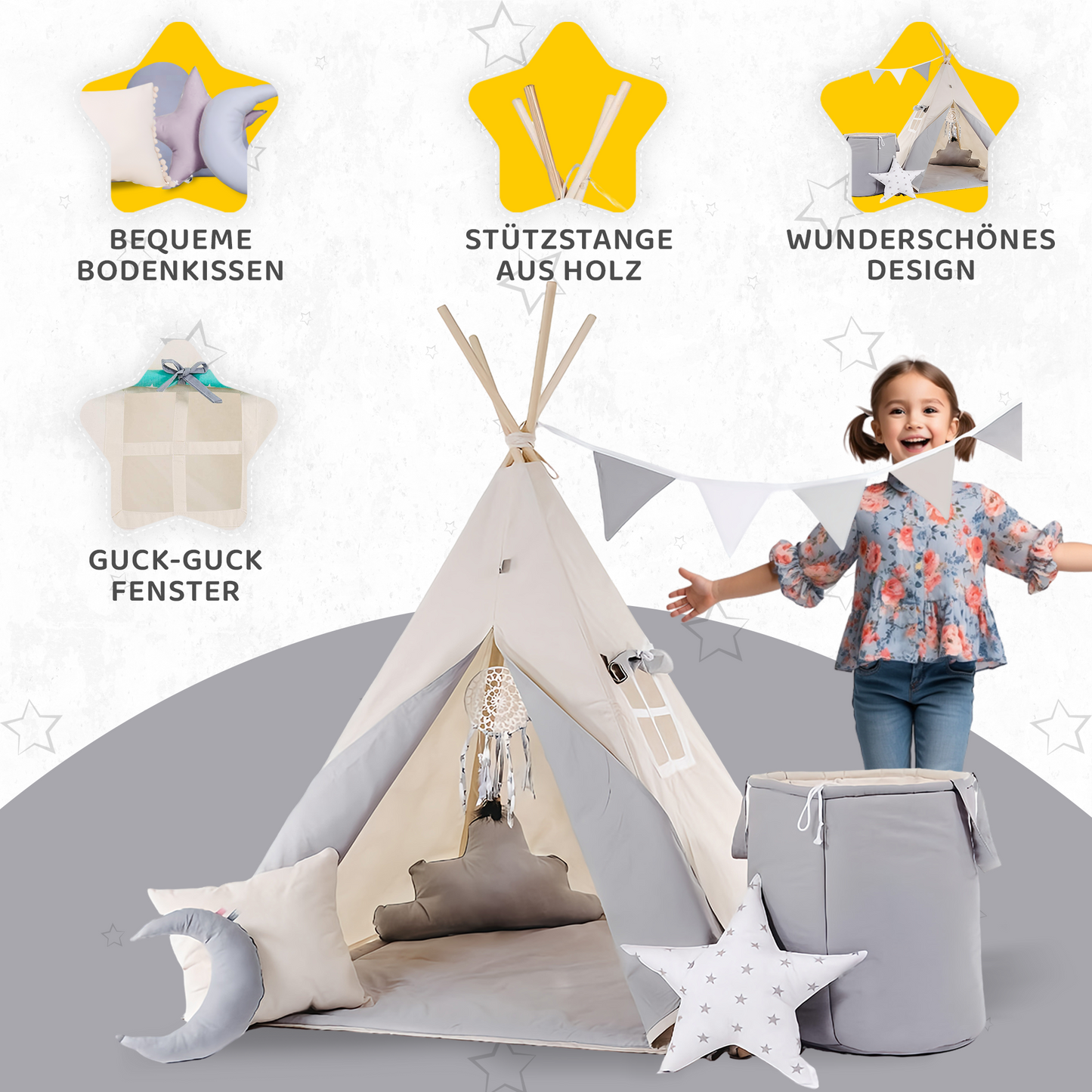 Tipi Spielzelt Grauer Wolf | Kinderzelt aus Baumwolle – Rainbow Kids