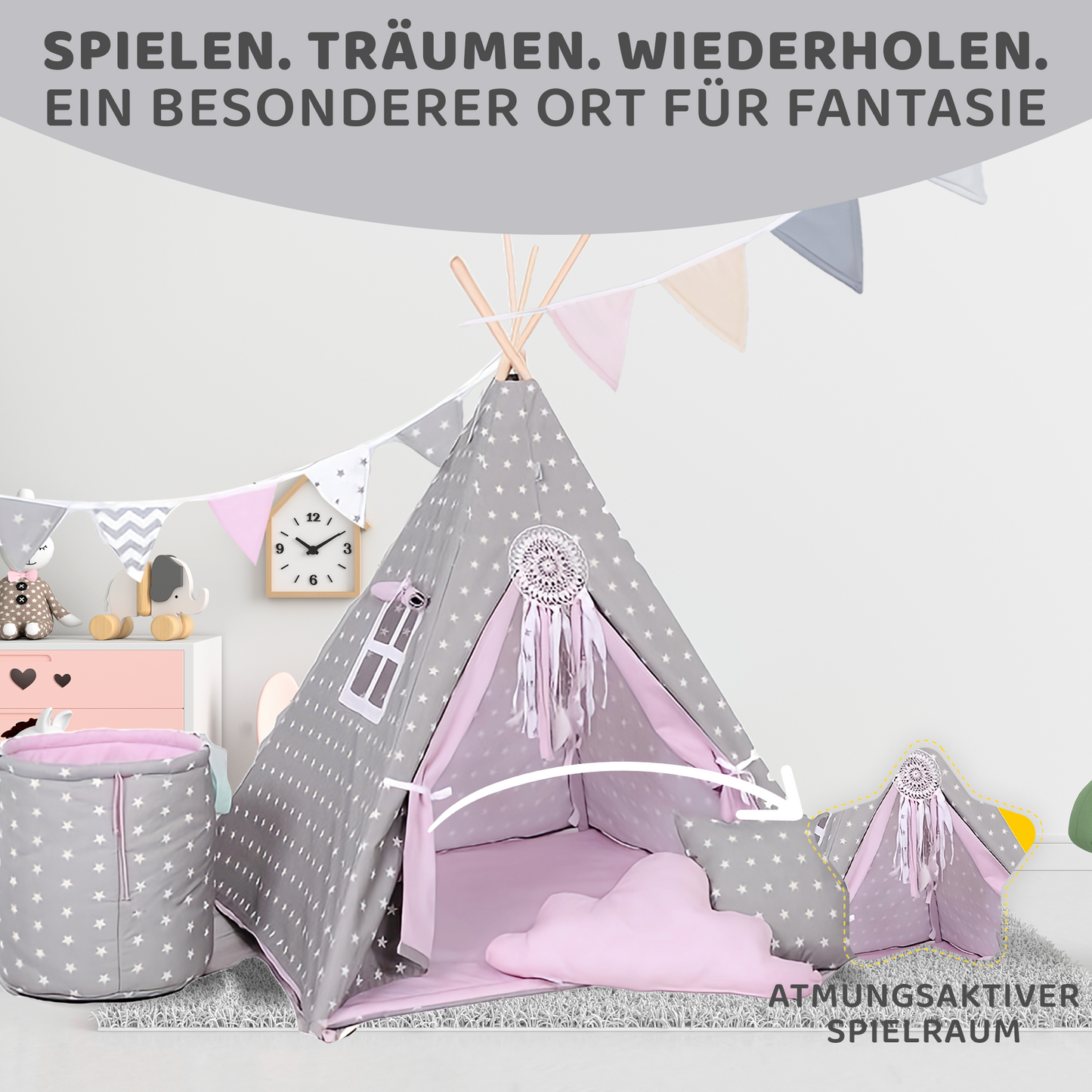 Tipi Spielzelt Grauer Stern | Kinderzelt mit Sternenmuster – Rainbow Kids