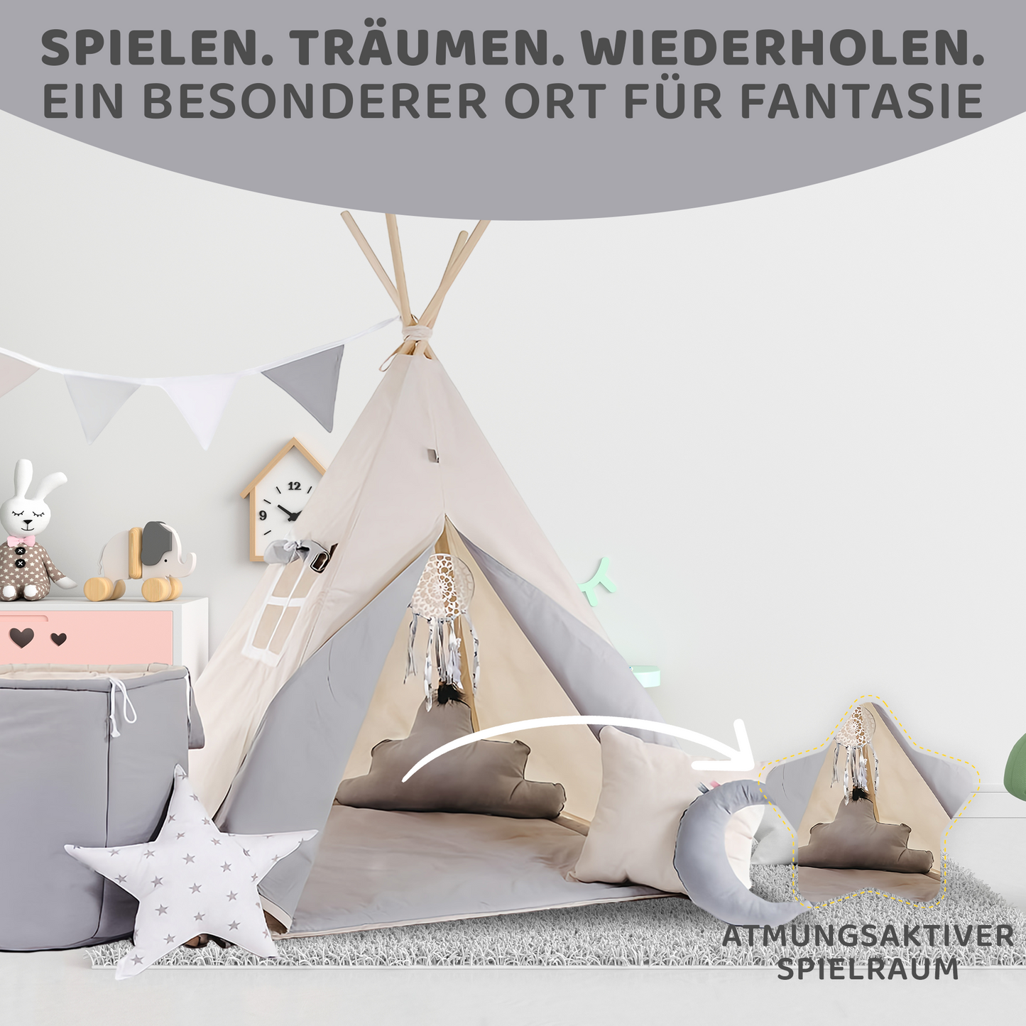 Tipi Spielzelt Grauer Wolf | Kinderzelt aus Baumwolle – Rainbow Kids