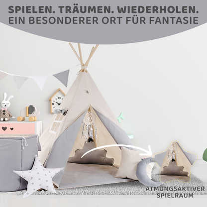 Tipi Spielzelt Grauer Wolf | Kinderzelt aus Baumwolle – Rainbow Kids