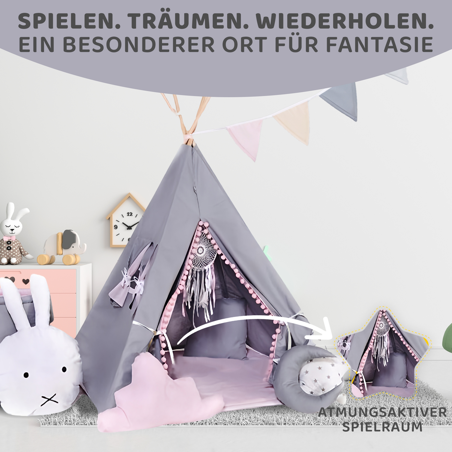 Tipi Spielzelt Grauer Hase | Kinderzelt mit Hasenmotiv – Rainbow Kids
