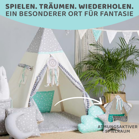 Tipi Spielzelt Wolfstern Grau | Kinderzelt mit Stern & Wolf Motiv – Rainbow Kids