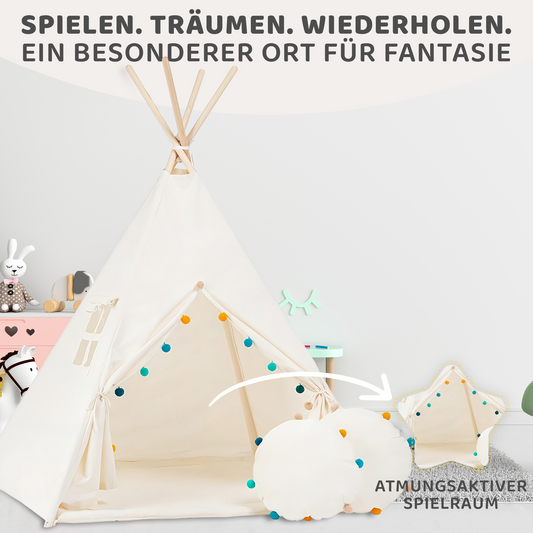 Tipi Spielzelt Pompons | Verspieltes Kinderzelt mit Deko – Rainbow Kids