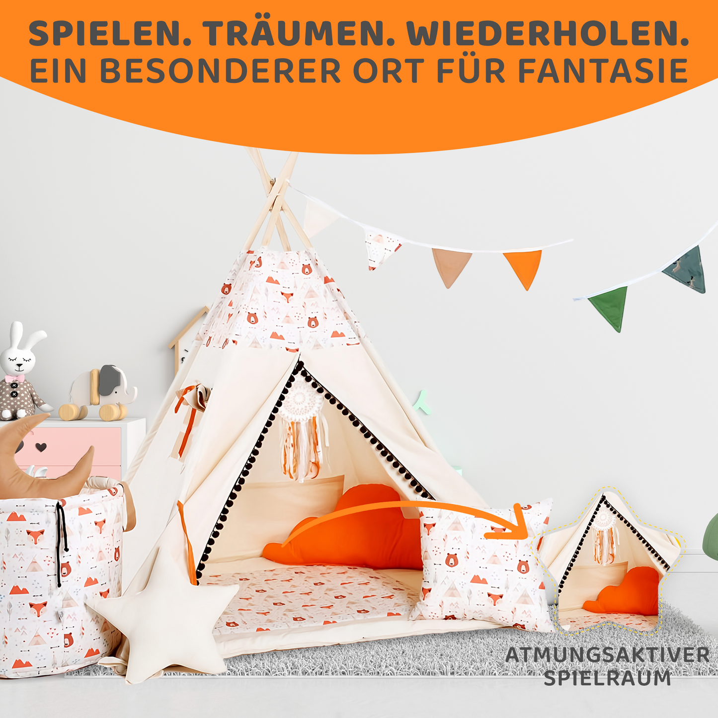 Tipi Spielzelt Fuchsi & Bärchen | Kinderzelt mit Tiermotiven – Rainbow Kids