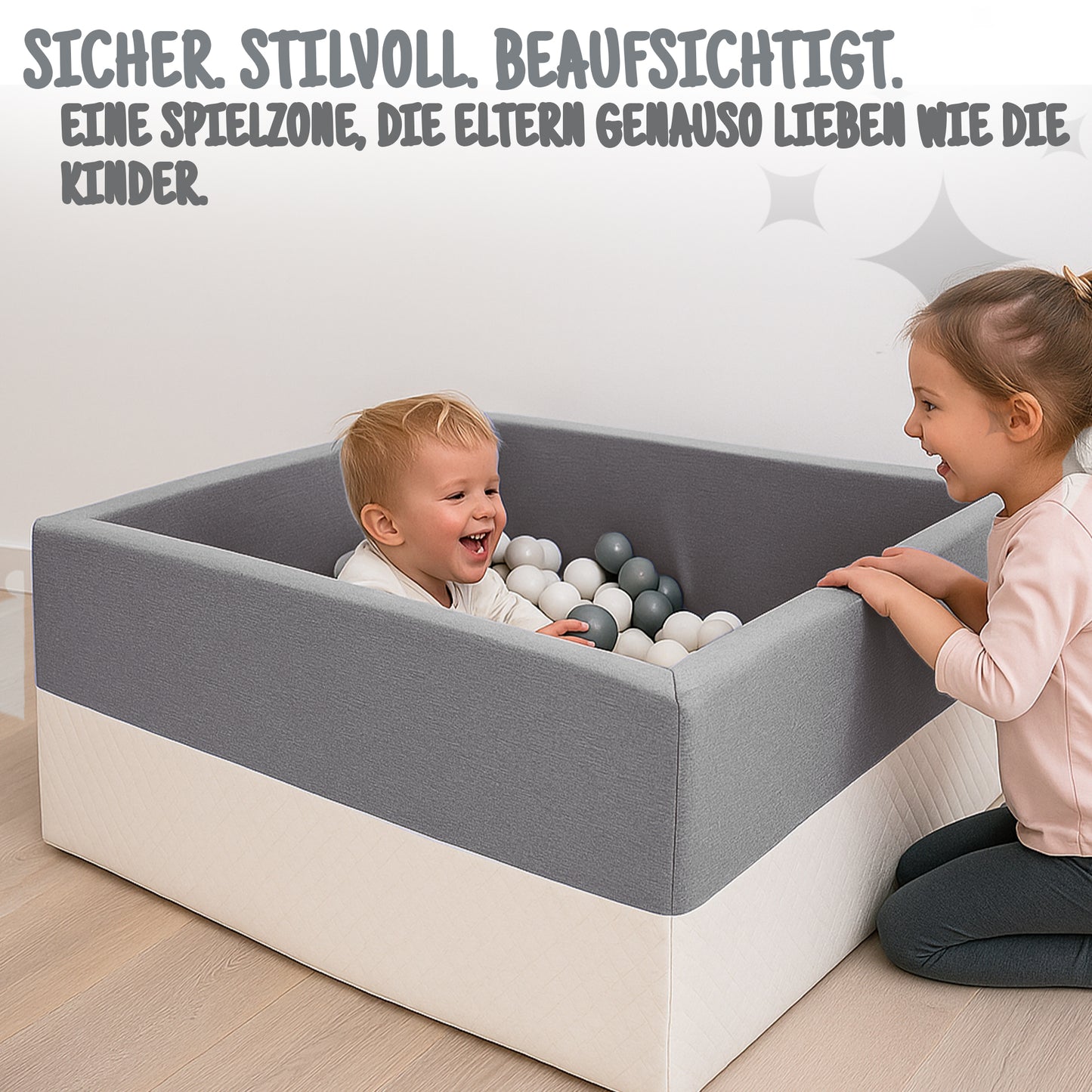 L Bällebad Grau 90×90×40 cm | Kunstleder Kinder Bällebad – Rainbow Kids