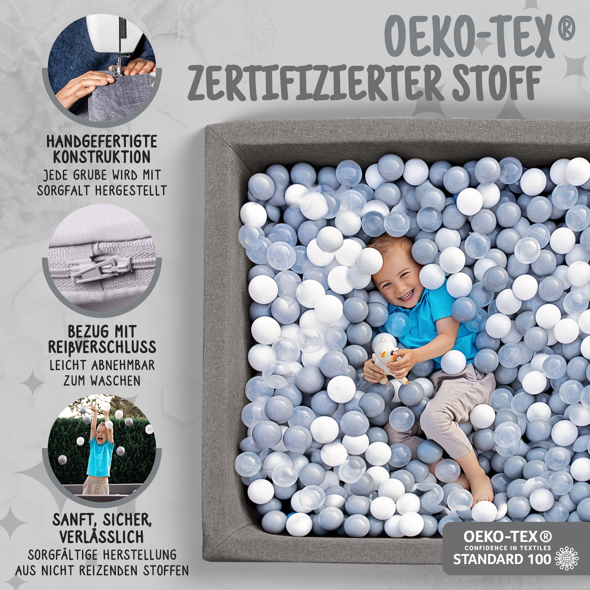 XL Bällebad Dunkelgrau 110×110×40 cm im Garten als Spielbereich für Kinder – Rainbow Kids
