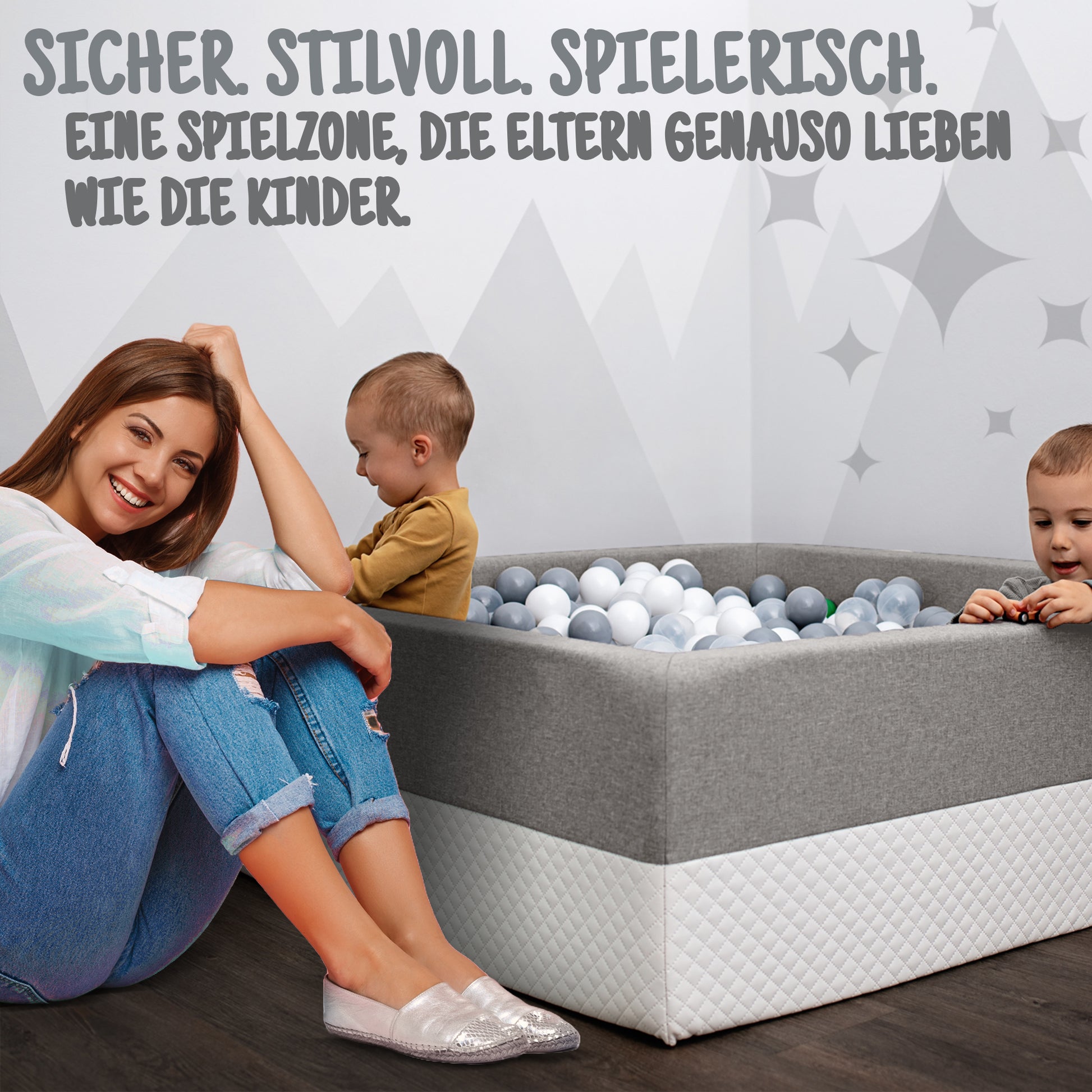XL Bällebad Grau 110×110×40 cm im Garten als Spielbereich für Kinder – Rainbow Kids
