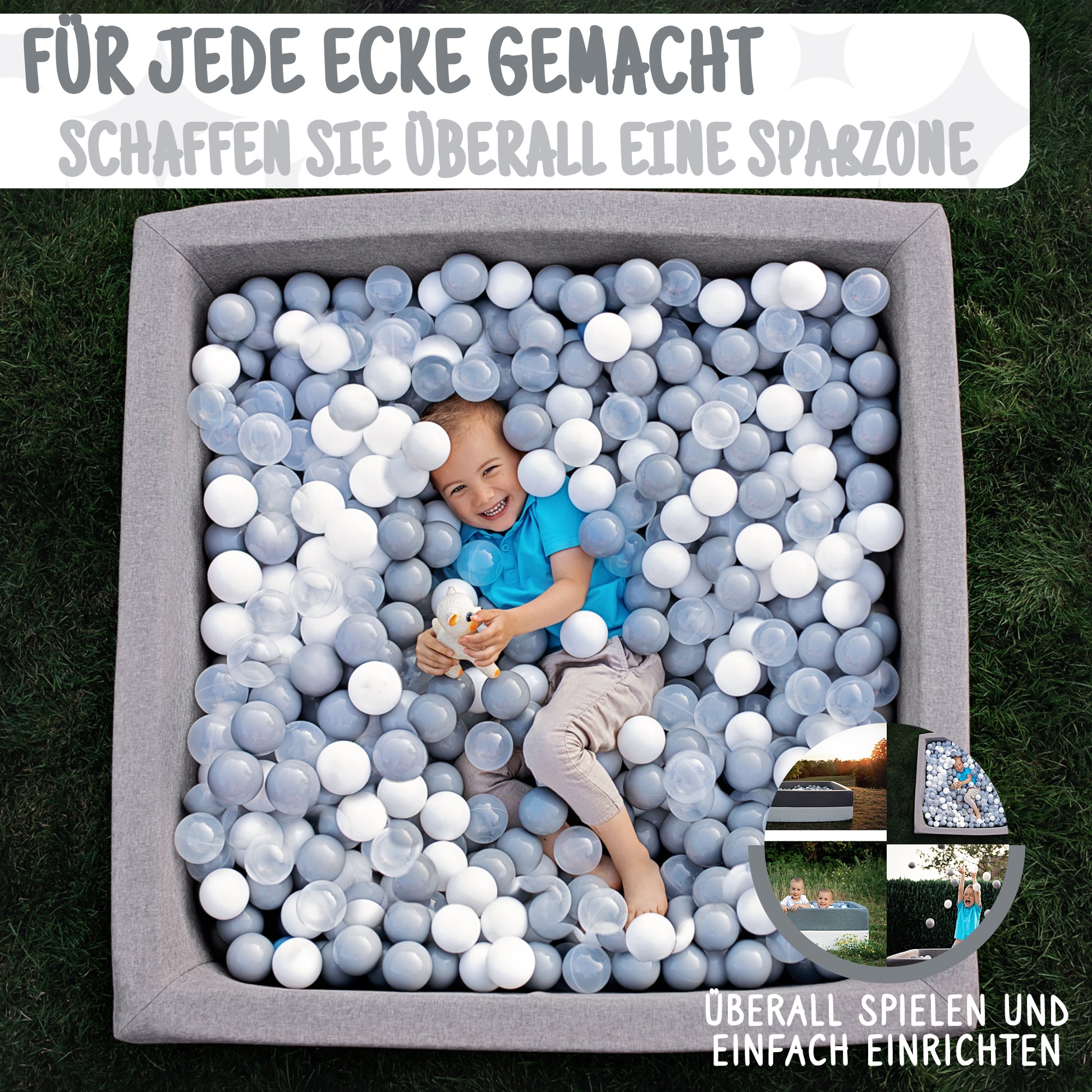Kind spielt mit Bällen im grauen Bällebad 110×110×40 cm – Rainbow Kids
