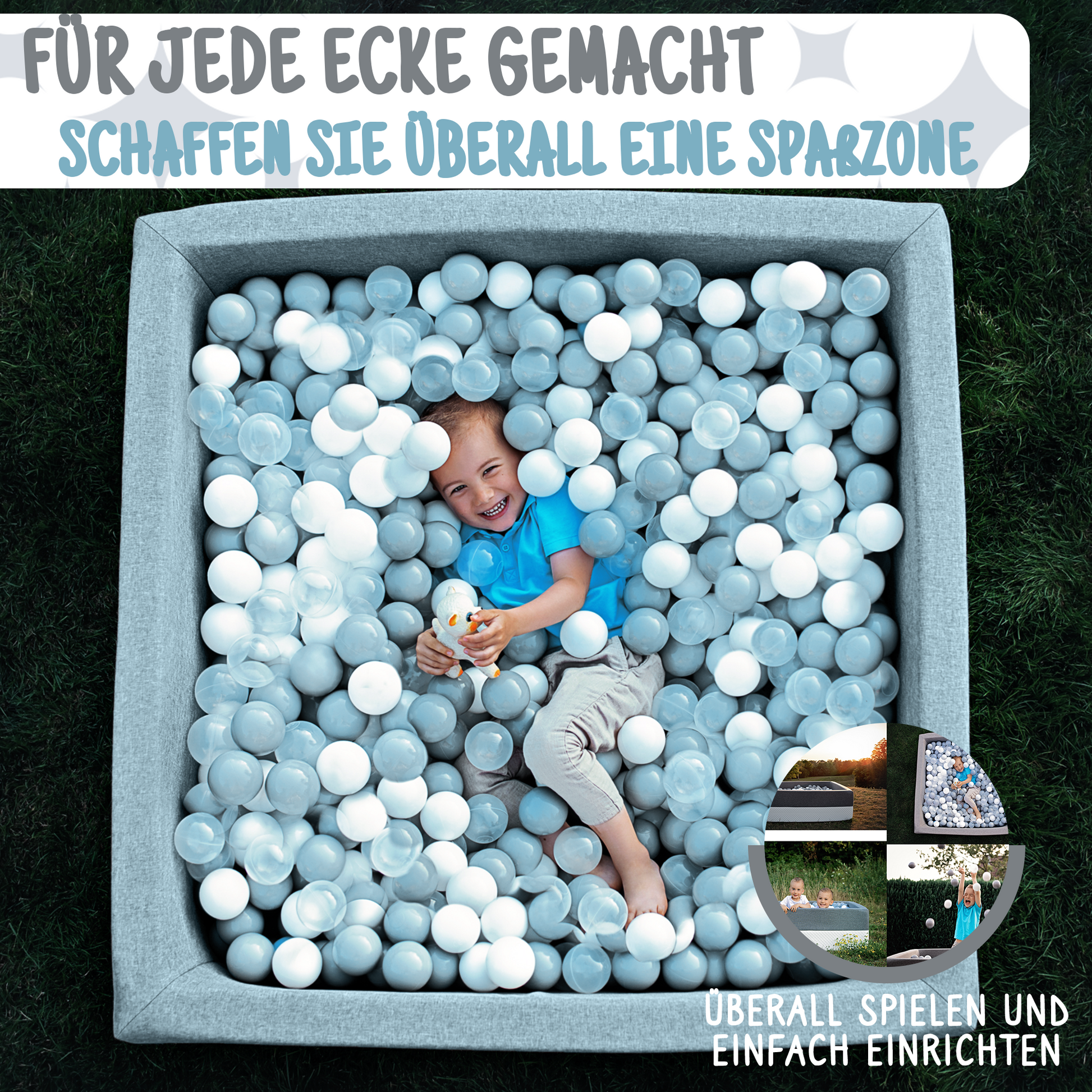 Zwei Kinder spielen im grauen Bällebad 110×110×40 cm – Rainbow Kids
