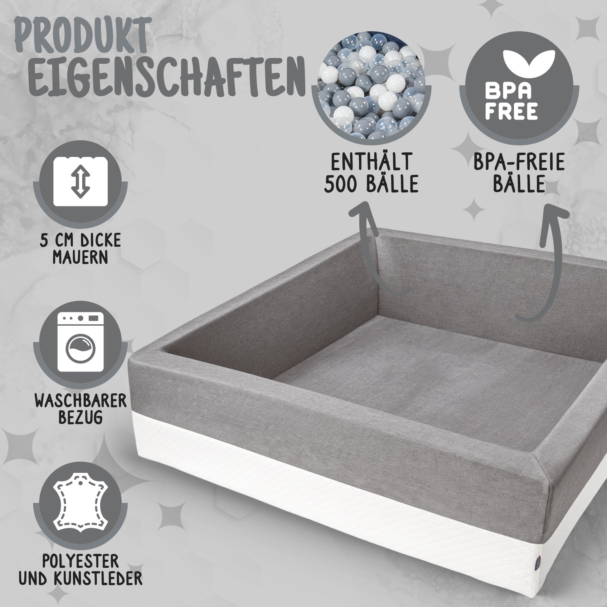 Bällebad Grau 110×110×40 cm OEKO-TEX zertifiziert mit Kind spielend – Rainbow Kids
