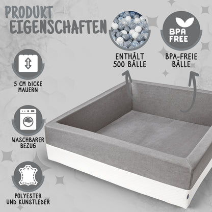 Bällebad Grau 110×110×40 cm OEKO-TEX zertifiziert mit Kind spielend – Rainbow Kids
