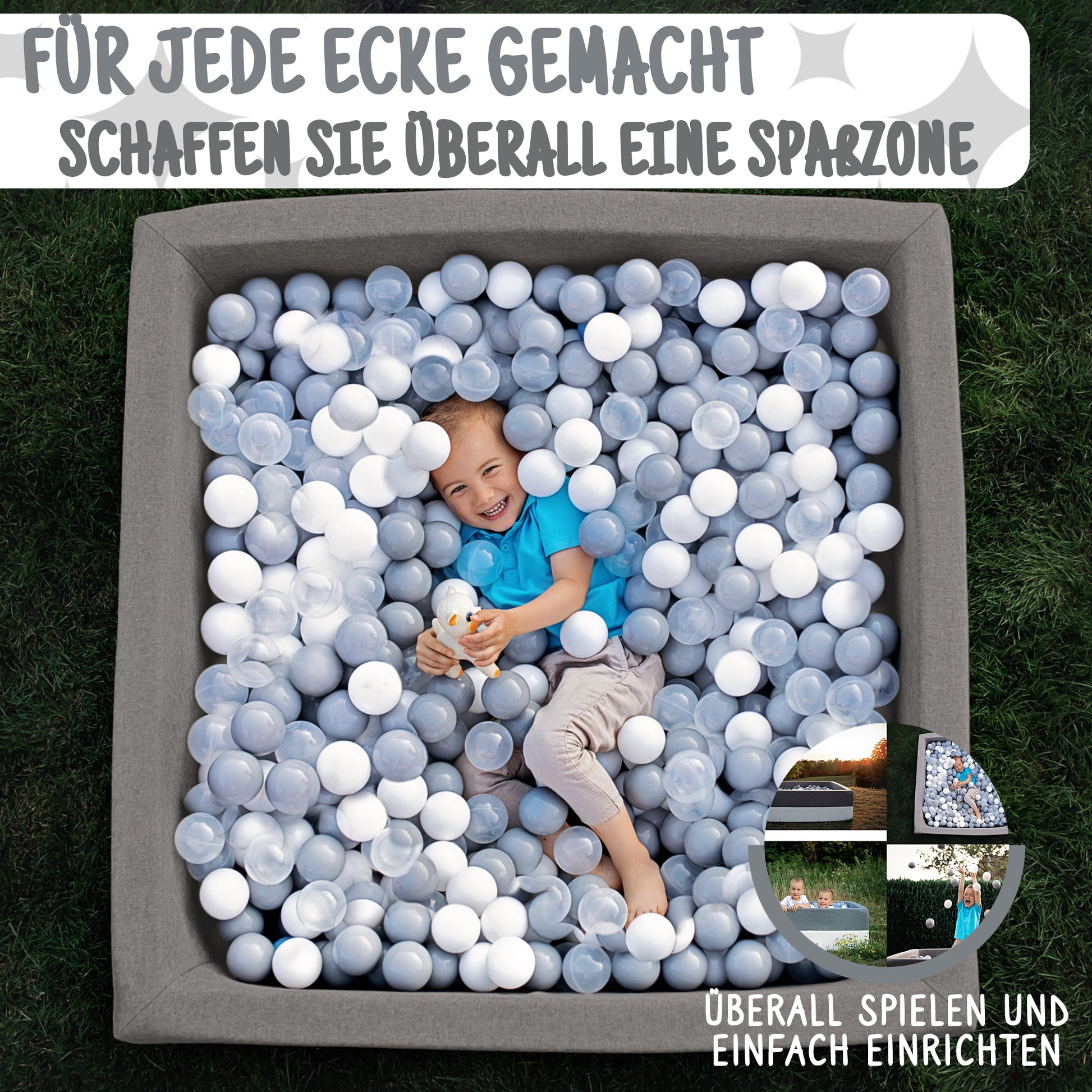 XL Bällebad Grau 110×110×40 cm mit 500 Bällen BPA-frei – Rainbow Kids
