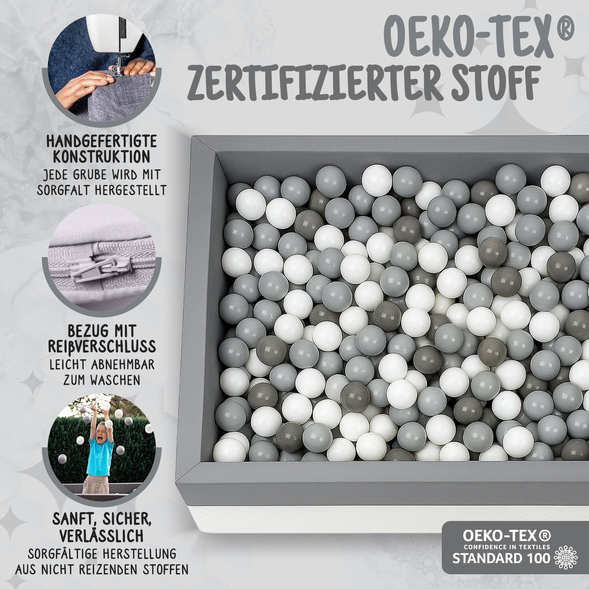 Bällebad Grau 120×90×40 cm OEKO-TEX zertifiziert mit grauen und weißen Bällen – Rainbow Kids
