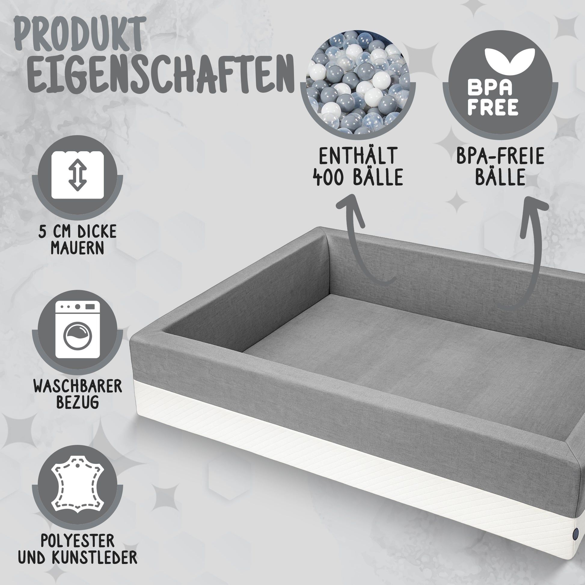 XL Bällebad Grau 120×90×40 cm mit 400 Bällen BPA-frei – Rainbow Kids

