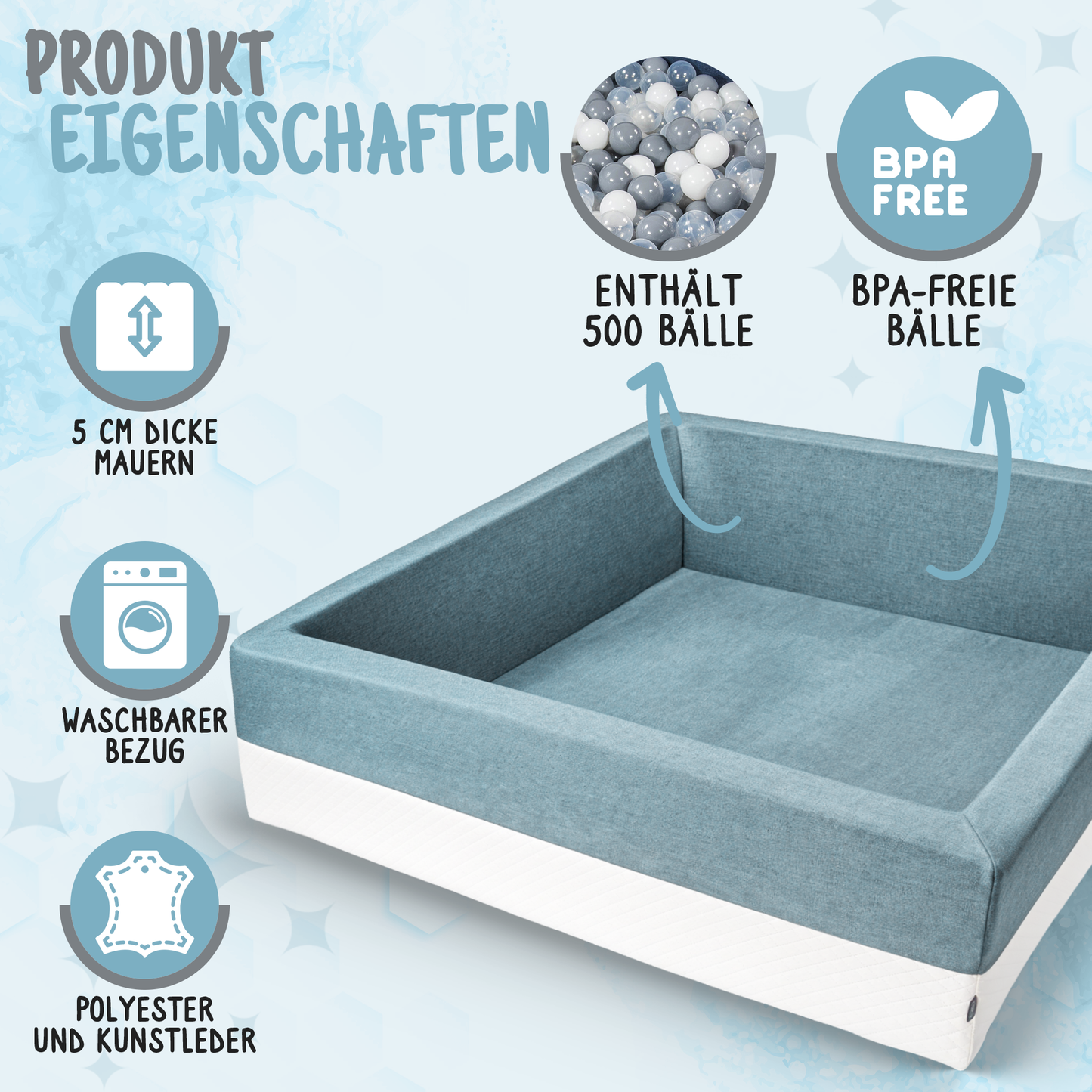 XL Bällebad Hellblau 110×110×40 cm mit 500 Bällen BPA-frei – Rainbow Kids
