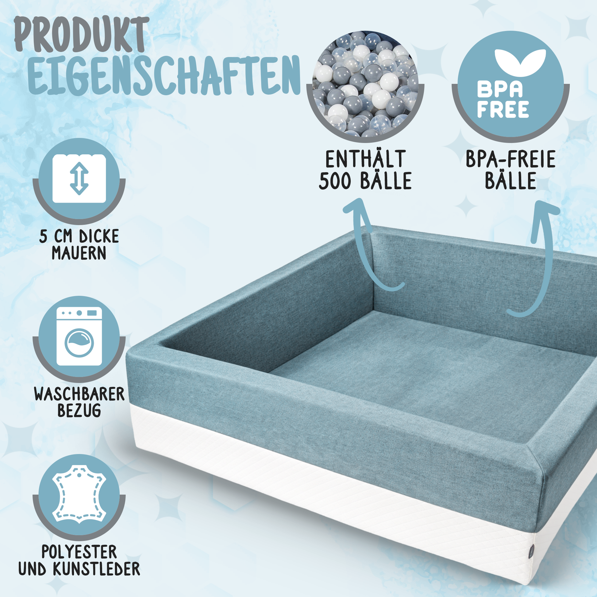 XL Bällebad Hellblau 110×110×40 cm mit 500 Bällen BPA-frei – Rainbow Kids
