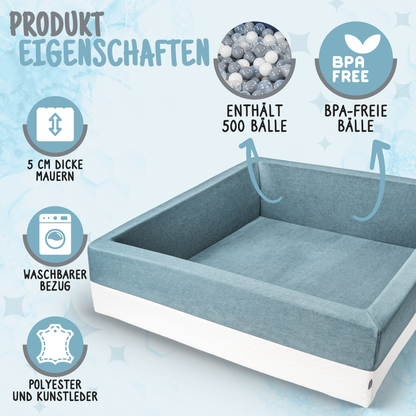 XL Bällebad Hellblau 110×110×40 cm mit 500 Bällen BPA-frei – Rainbow Kids
