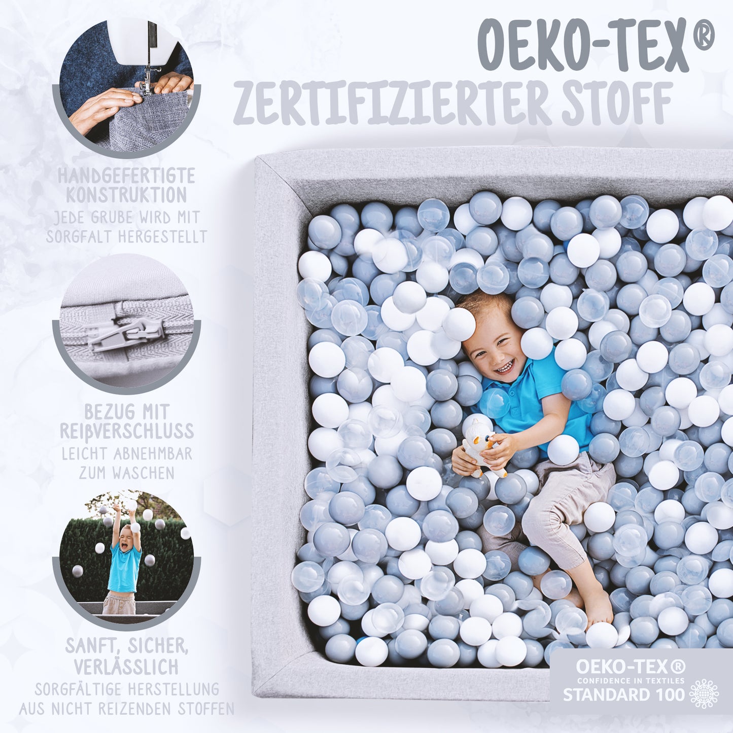 XL Bällebad Hellgrau 110×110×40 cm – Kinder spielen, Eltern genießen den Spielbereich
