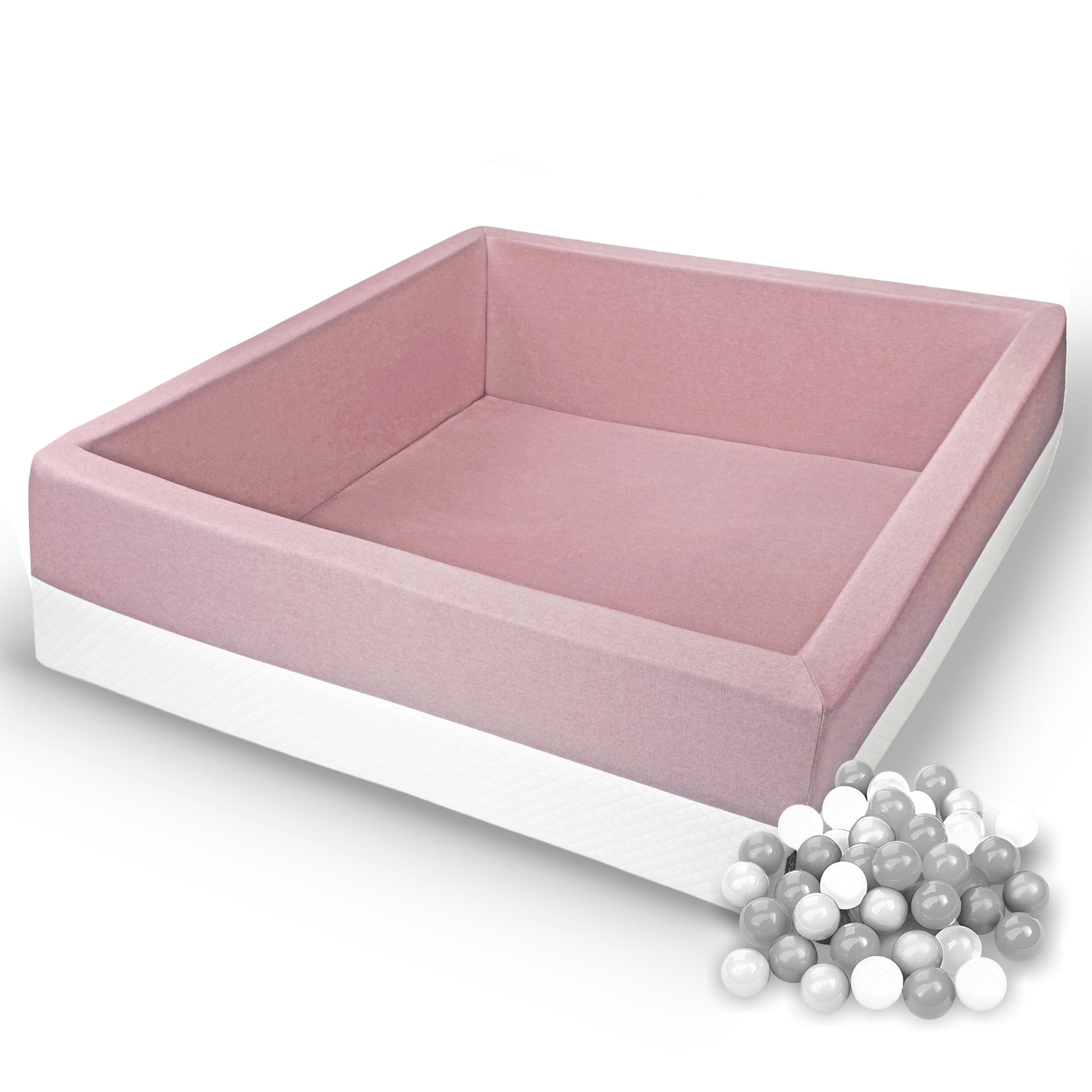 Kind spielt im rosa Bällebad 110×110×40 cm im Garten – Rainbow Kids
