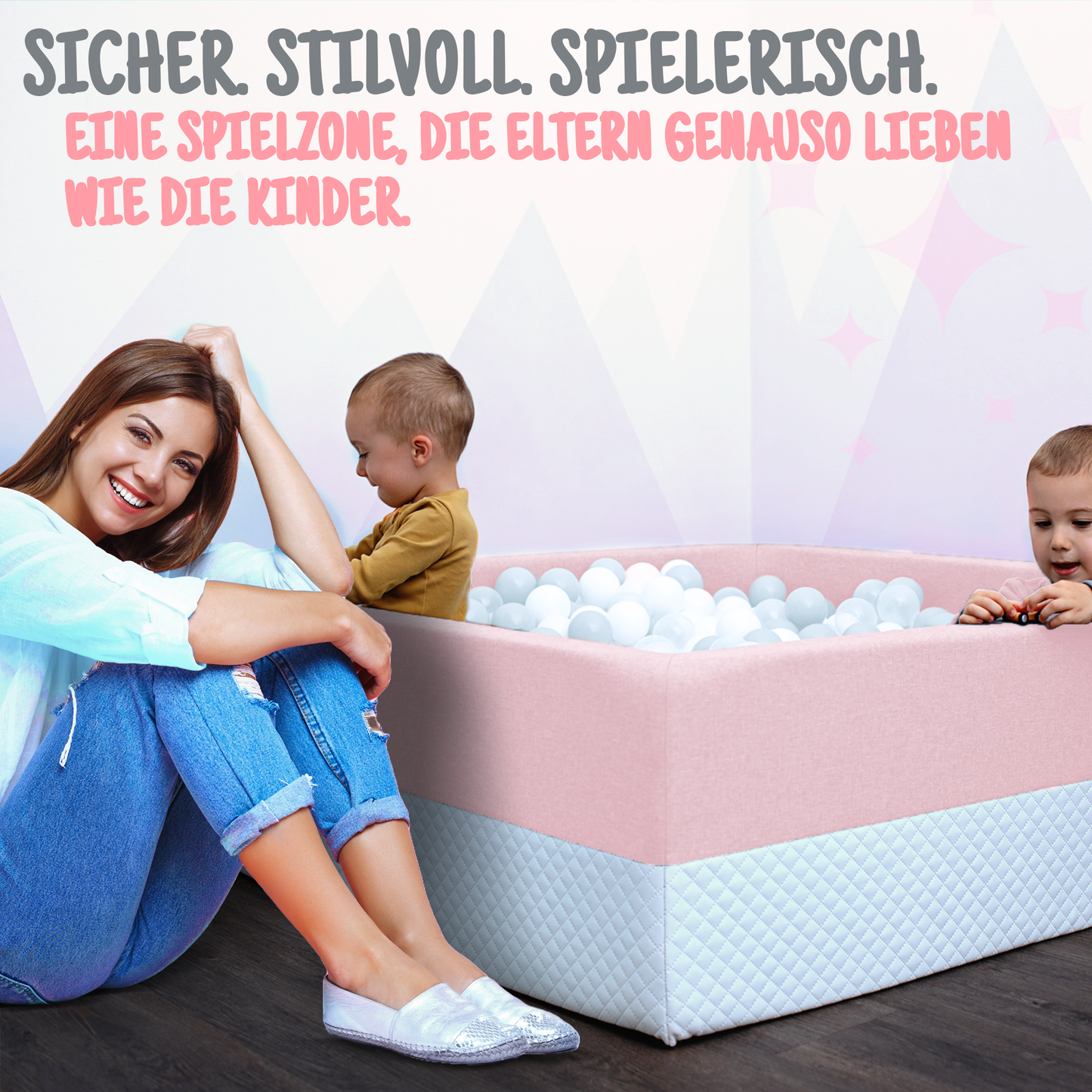 Bällebad Rosa 110×110×40 cm OEKO-TEX zertifiziert mit Kind spielend – Rainbow Kids
