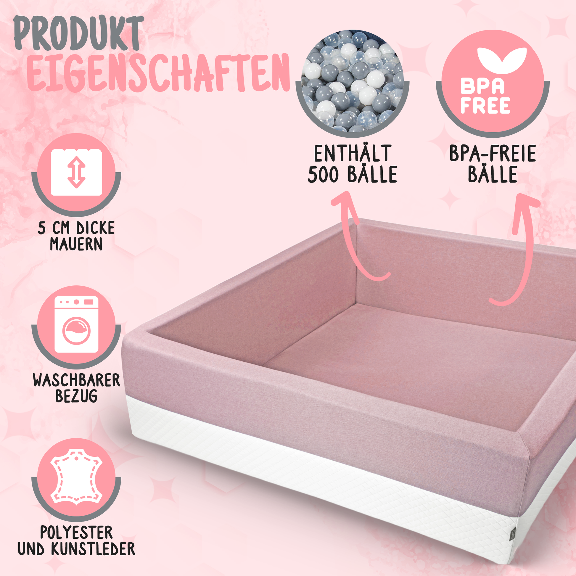 XL Bällebad Rosa 110×110×40 cm mit 500 Bällen BPA-frei – Rainbow Kids
