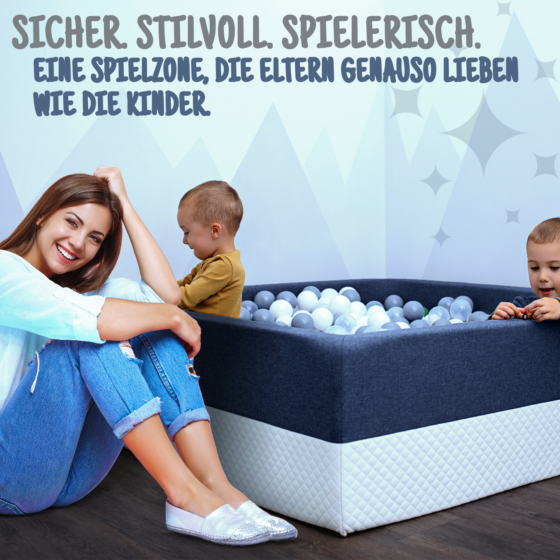 Mutter und Kinder neben dunkelblauem XXL Bällebad im Kinderzimmer – sicher stilvoll spielerisch