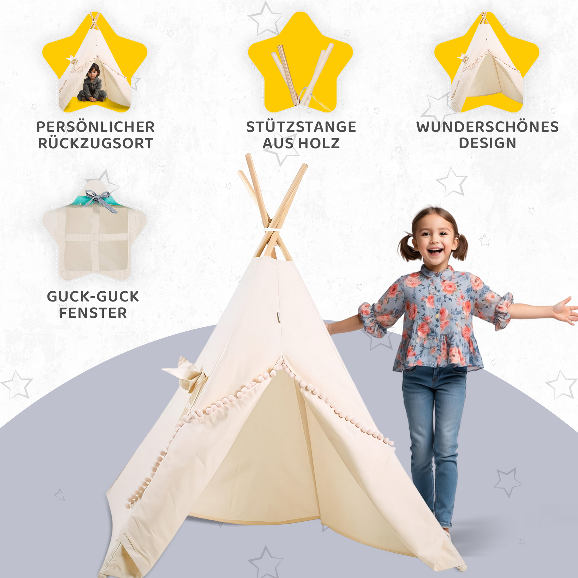 Tipi Spielzelt Beiger Wolf aus Baumwolle in Beige, stabile Holzstangen und Fensterdetail