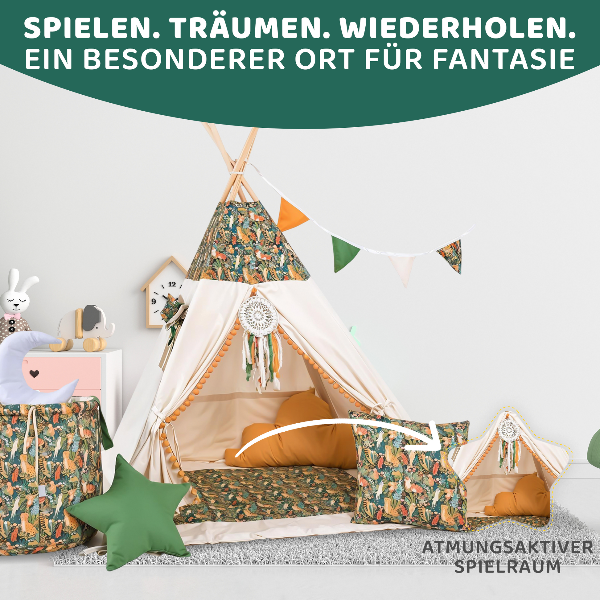 Detailaufnahme Tipi Spielzelt Dschungel mit Holzstangen und grünem Dschungelstoff aus Baumwolle