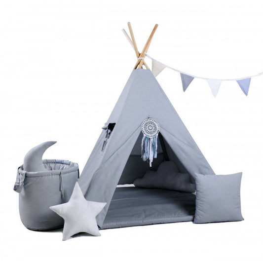 Tipi Spielzelt Graue Maus von Rainbow Kids mit Kissen, Spielmatte, Wimpelkette und Aufbewahrungskorb