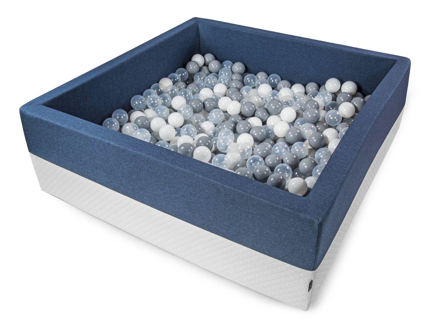 XXL Bällebad Dunkelblau 120×120×40 cm, gefüllt mit grauen und weißen Bällen